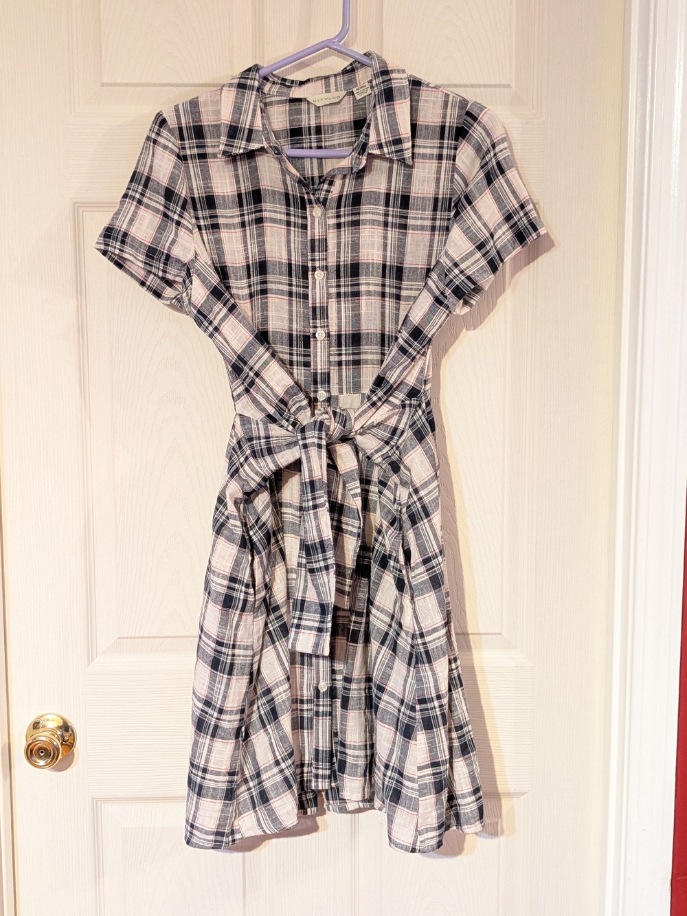 11.1 Tylho Plaid Short-Sleeve Shirt Dress with Waist Tie
